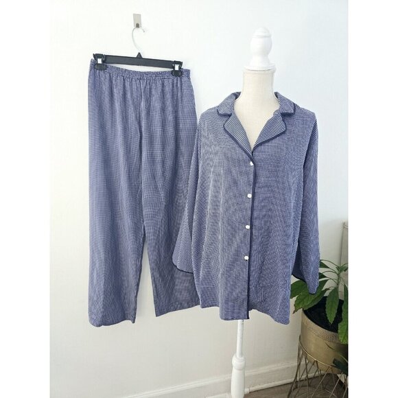Josie Vintage Blue Long Sleeve Collared Button Up 2 Piece Pajama Set M Medium - Picture 1 of 8